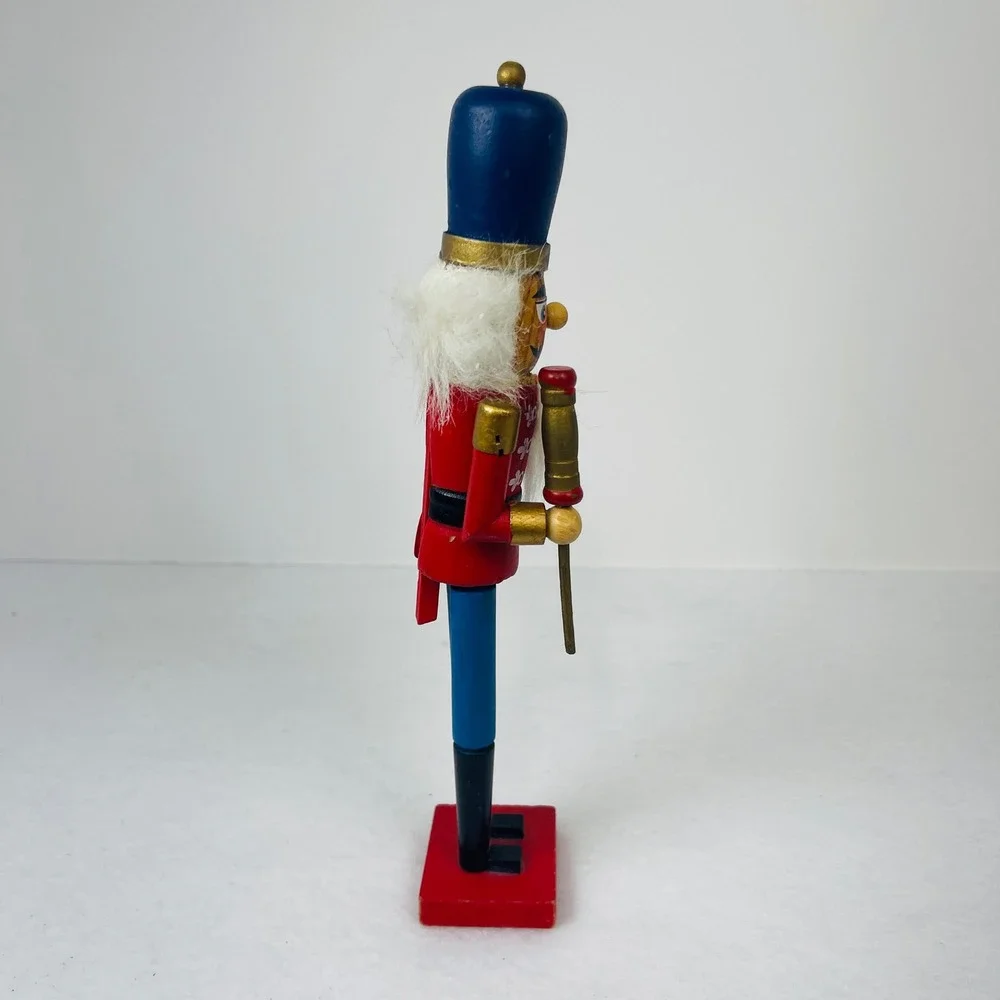 Vintage Wooden Nutcracker Soldier Red Blue Uniform Christmas Decor 9 Inch